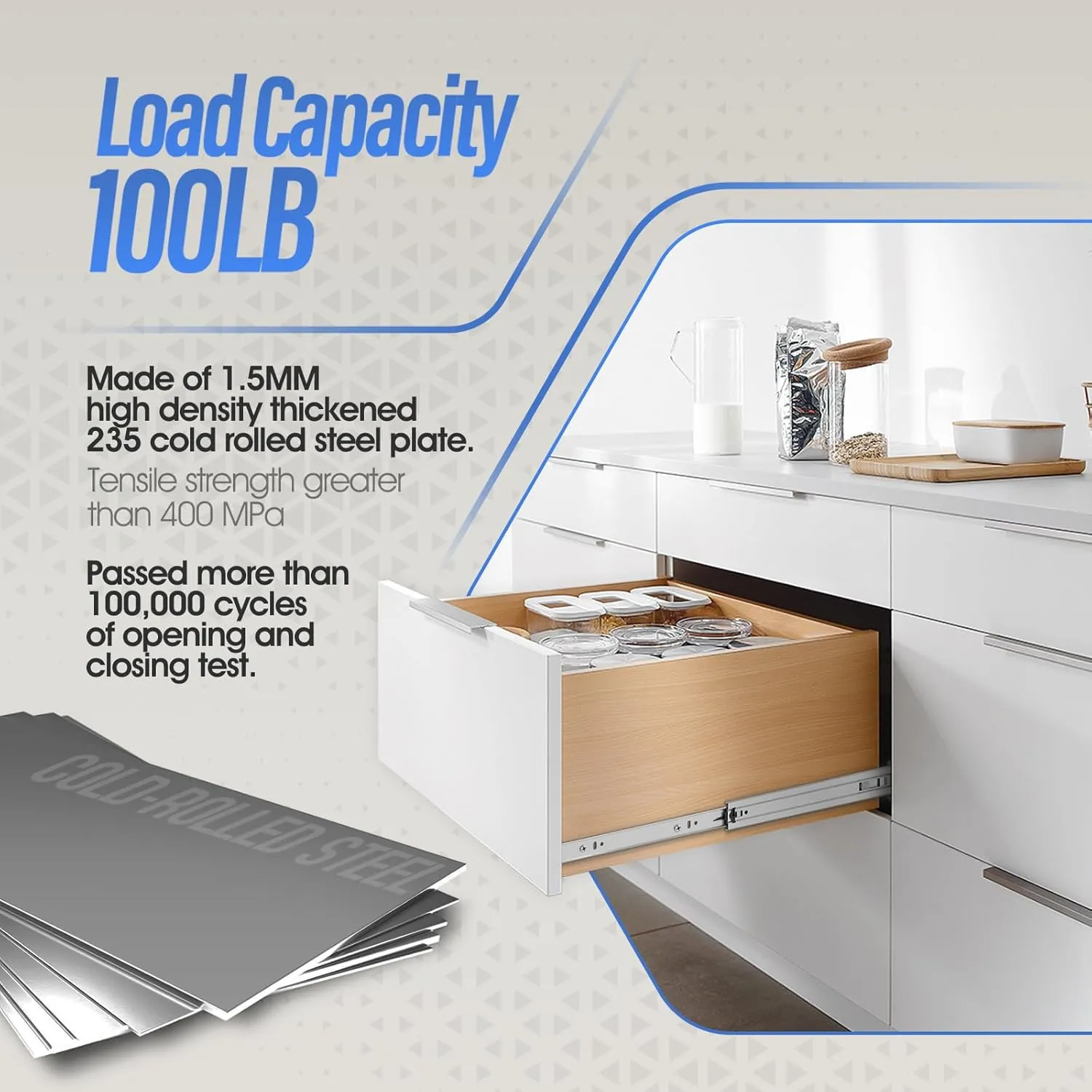 1 Pair Full Extension Ball Bearing Drawer Slides 8 10 12 14 16 18 20 22 24 Inch 100 LB Load Capacity Side Mount File Cabinet Rails Dresser Metal Runner Trash Can Kitchen (14 inch, Sliver)