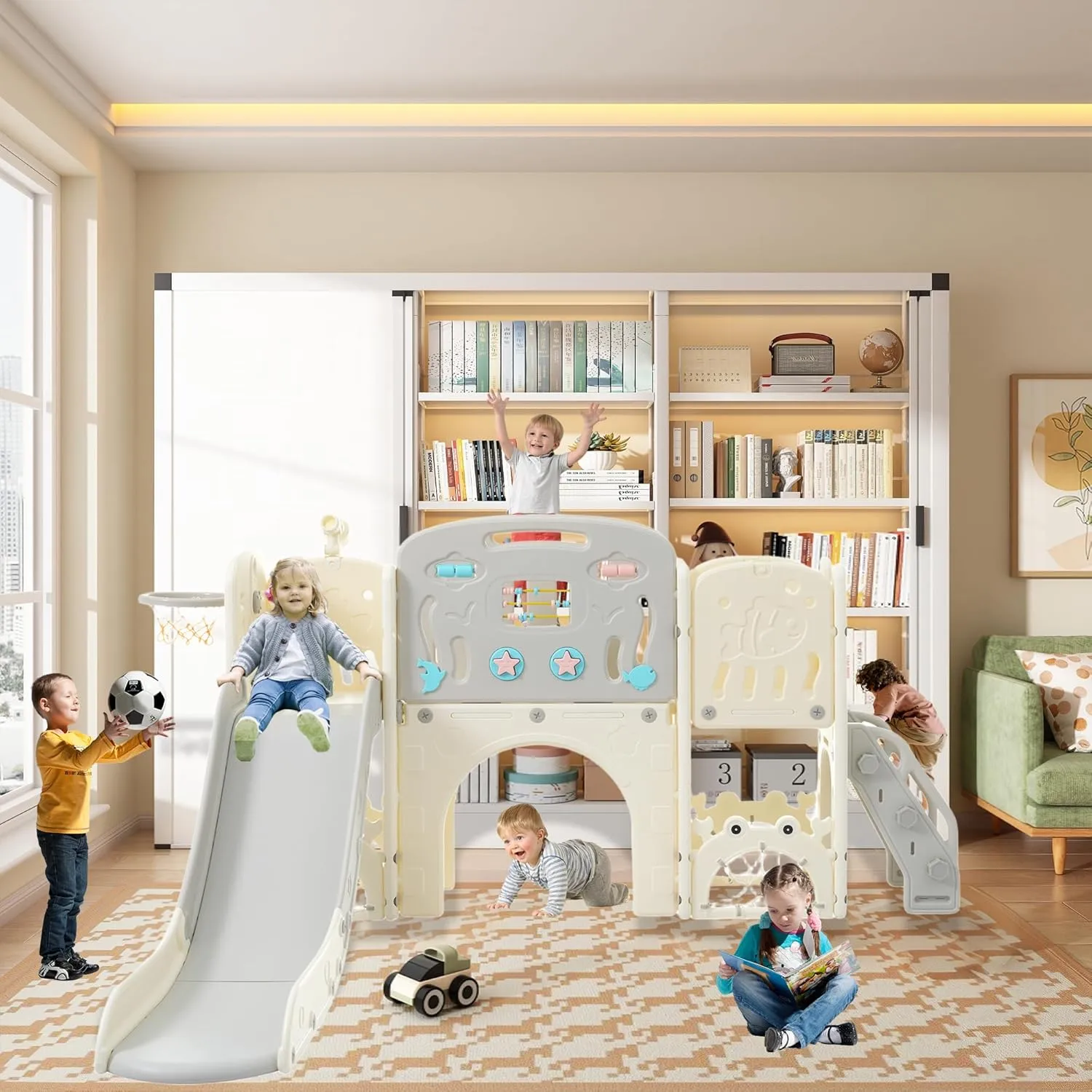 11in 1 Toddler Slide, Kid Slide for Toddlers Age 1-3 with Ring Toss, Basketball Hoop, and Telescope, Indoor Outdoor Playset Playground Grey Beige
