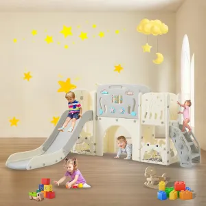 11in 1 Toddler Slide, Kid Slide for Toddlers Age 1-3 with Ring Toss, Basketball Hoop, and Telescope, Indoor Outdoor Playset Playground Grey Beige