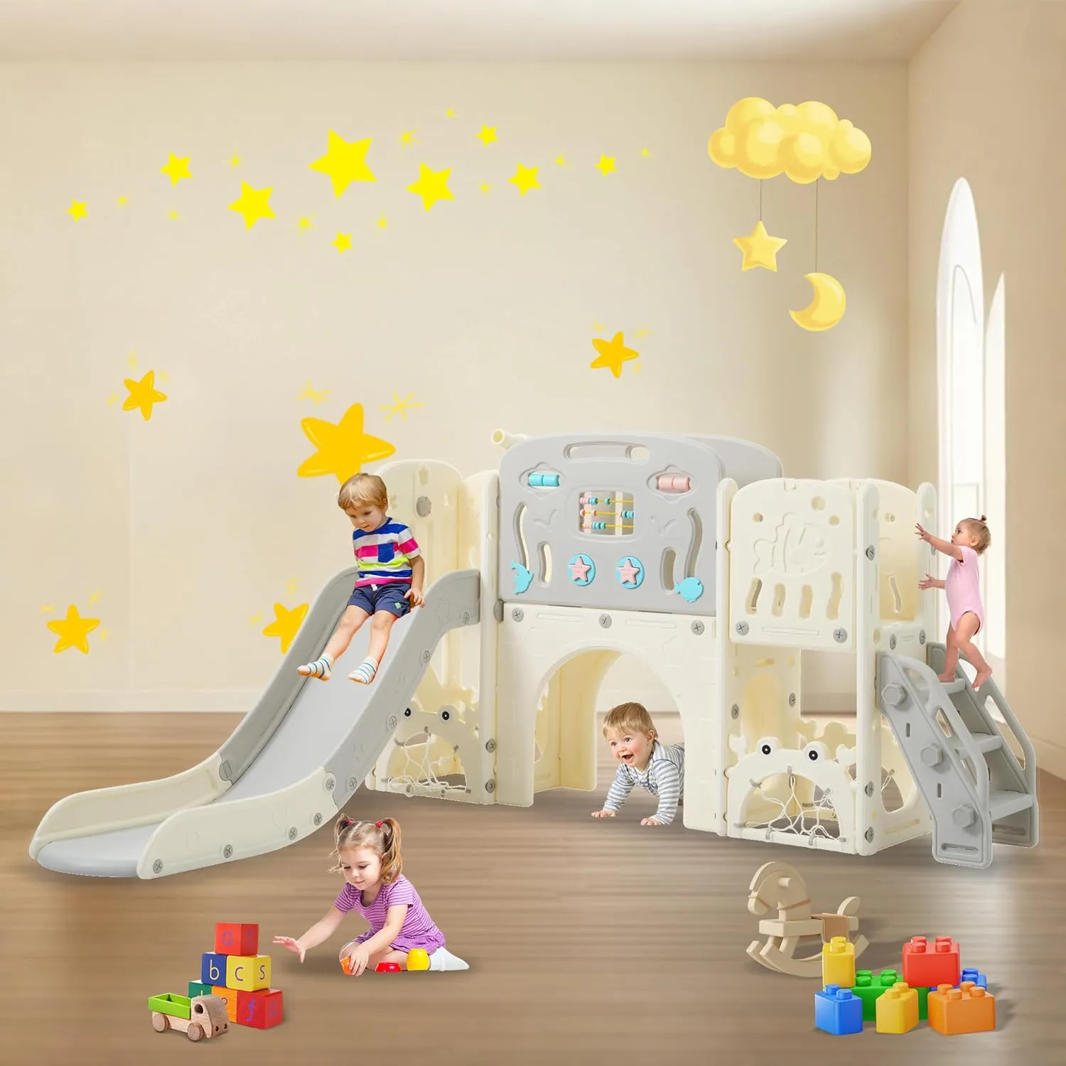 11in 1 Toddler Slide, Kid Slide for Toddlers Age 1-3 with Ring Toss, Basketball Hoop, and Telescope, Indoor Outdoor Playset Playground Grey Beige