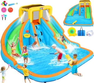 11x10.2 FT Inflatable Dual Water Slide w/Catch Ball Set, 11-in-1 Blow Up Waterpark w/2 Long Slides, Splash Pool, Climbing Wall, Basketball Rim, Water Cannon - 5 Water Toys & Inflatable Ball & Blower