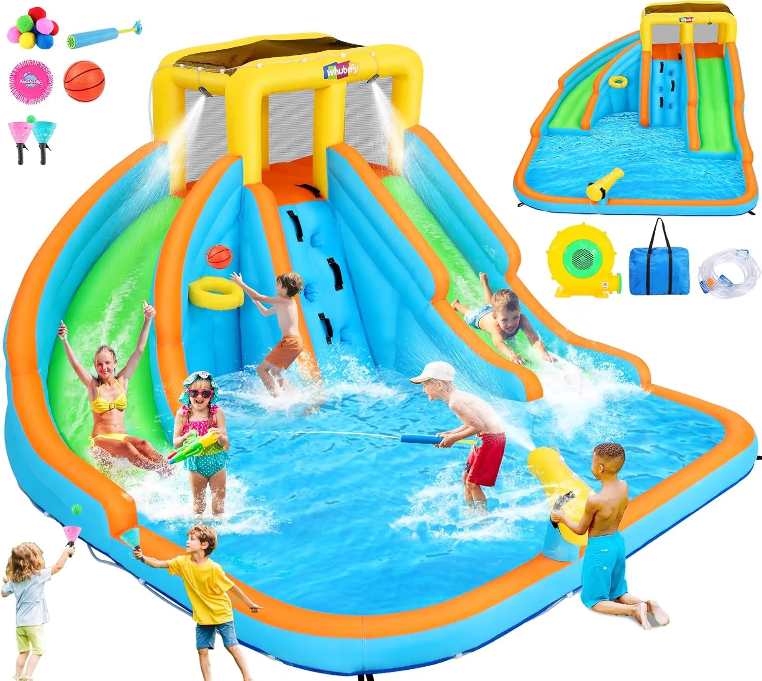 11x10.2 FT Inflatable Dual Water Slide w/Catch Ball Set, 11-in-1 Blow Up Waterpark w/2 Long Slides, Splash Pool, Climbing Wall, Basketball Rim, Water Cannon - 5 Water Toys & Inflatable Ball & Blower