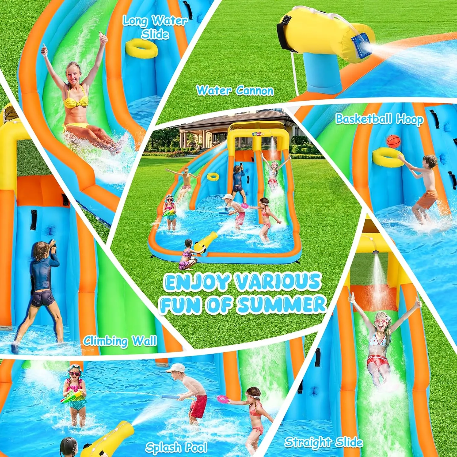 11x10.2 FT Inflatable Dual Water Slide w/Catch Ball Set, 11-in-1 Blow Up Waterpark w/2 Long Slides, Splash Pool, Climbing Wall, Basketball Rim, Water Cannon - 5 Water Toys & Inflatable Ball & Blower