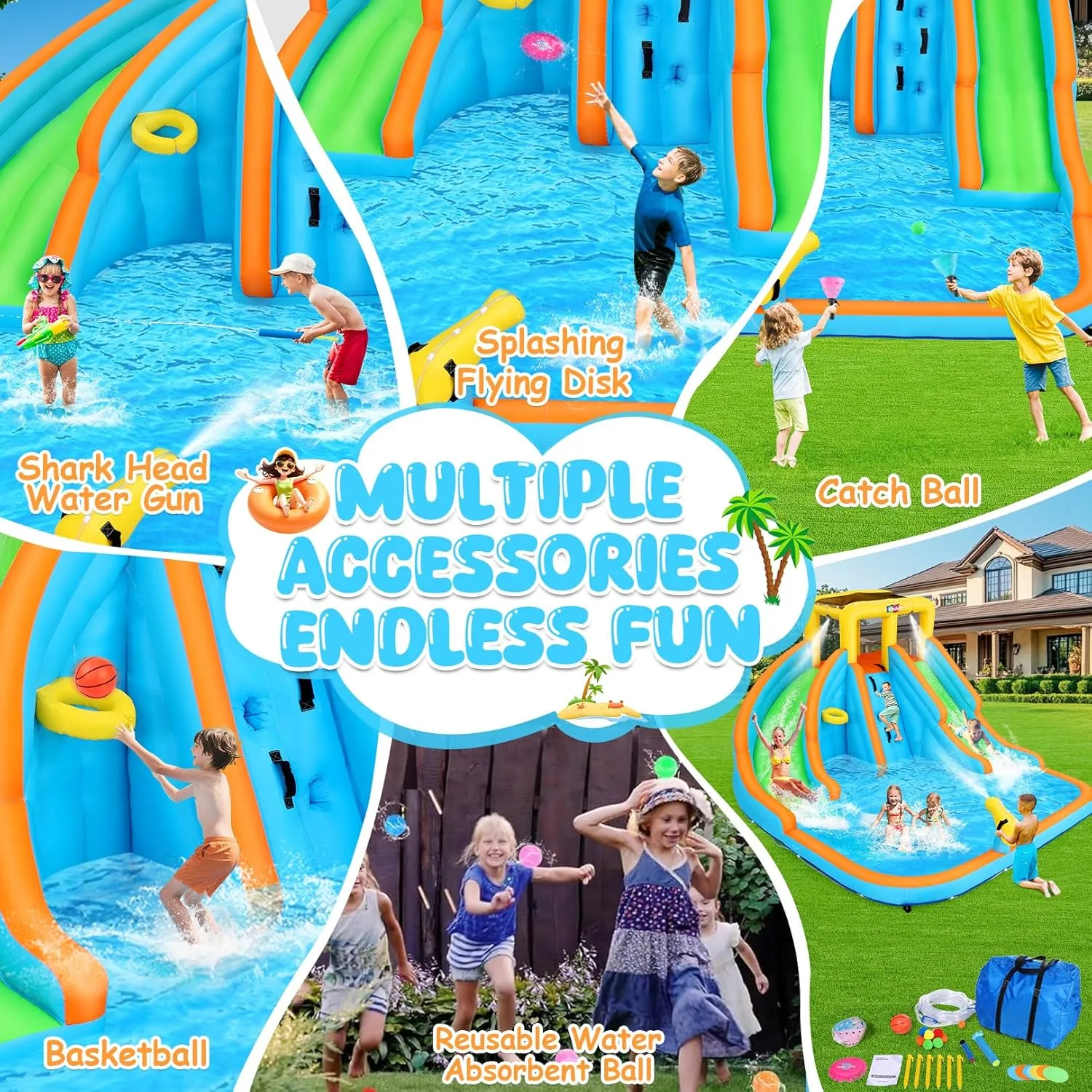 11x10.2 FT Inflatable Dual Water Slide w/Catch Ball Set, 11-in-1 Blow Up Waterpark w/2 Long Slides, Splash Pool, Climbing Wall, Basketball Rim, Water Cannon - 5 Water Toys & Inflatable Ball & Blower