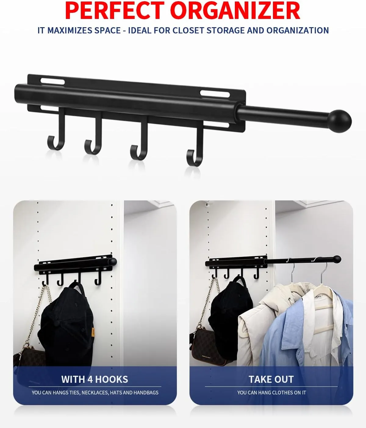12 inch Valet Rod for Closets Pull Out Closet Valet Rod Slide Out Black Pull Out Clothes Hanger With 4 Hooks Closet Organization and Storage