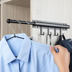 12 inch Valet Rod for Closets Pull Out Closet Valet Rod Slide Out Black Pull Out Clothes Hanger With 4 Hooks Closet Organization and Storage