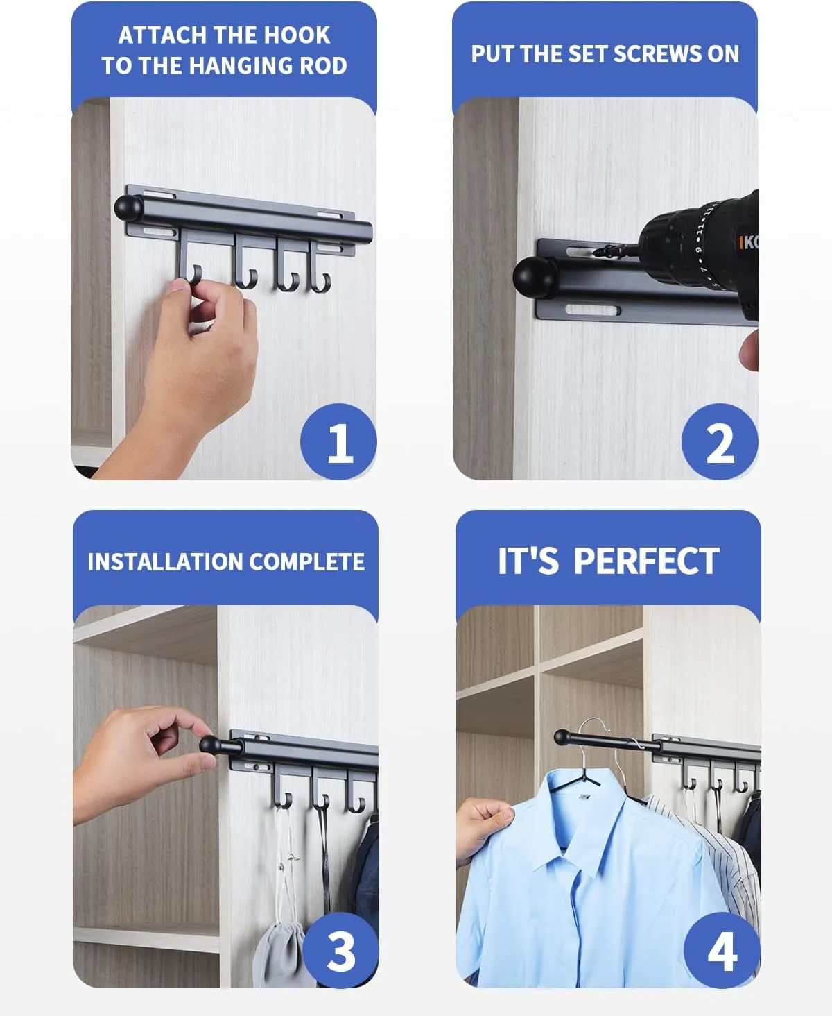 12 inch Valet Rod for Closets Pull Out Closet Valet Rod Slide Out Black Pull Out Clothes Hanger With 4 Hooks Closet Organization and Storage