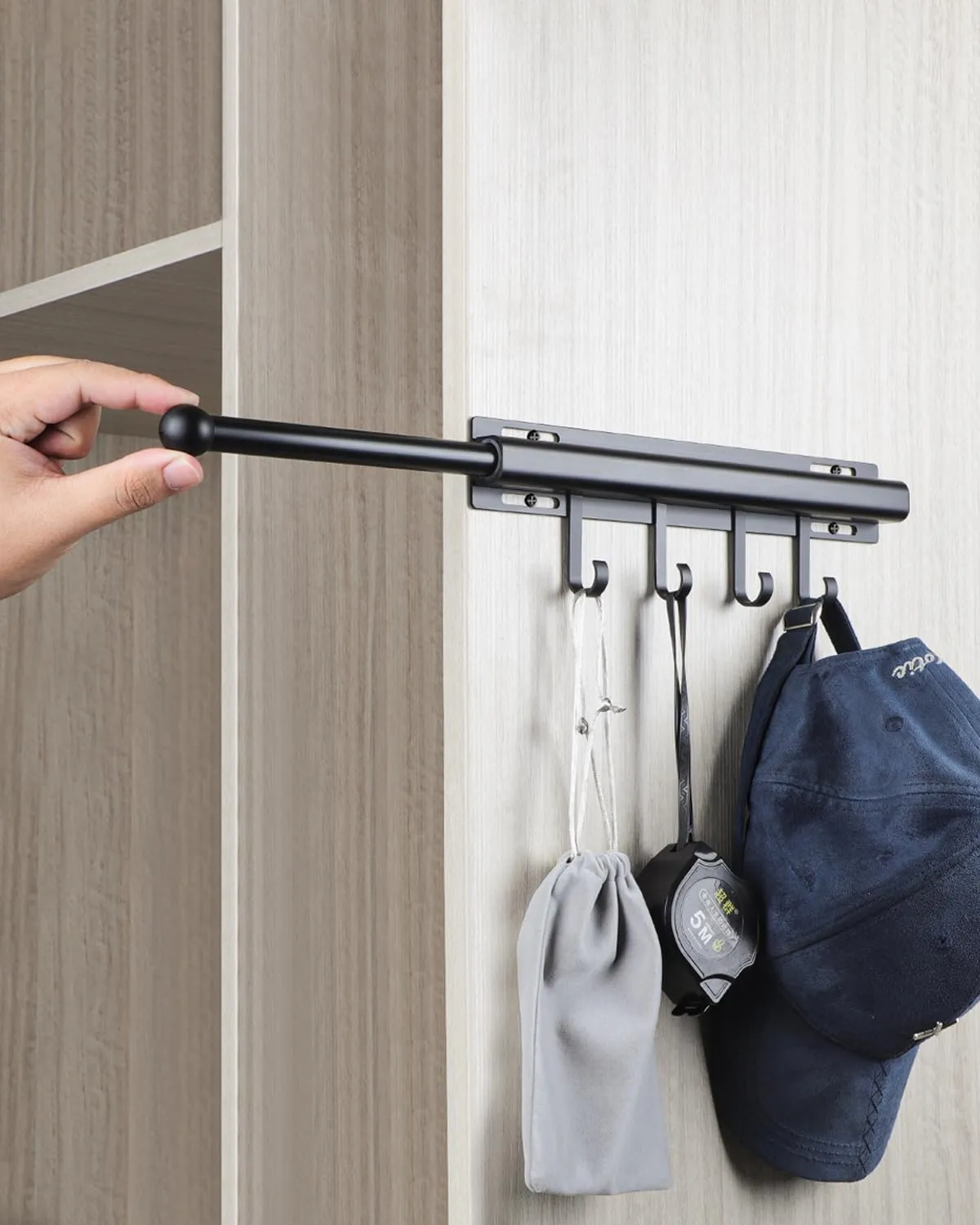 12 inch Valet Rod for Closets Pull Out Closet Valet Rod Slide Out Black Pull Out Clothes Hanger With 4 Hooks Closet Organization and Storage