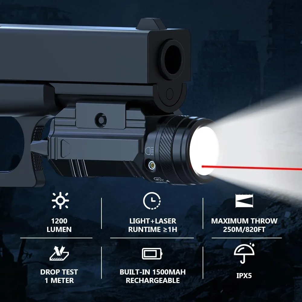 1200 Lumen Pistol Light Laser Combo Red Beam Tactical Flashlight, Pistol Flashlight Adjustable Slide Locating Keys for Picatinny