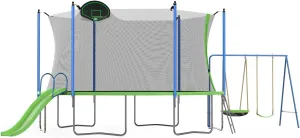 12FT Trampoline with Slide and Swings, with Basketball Hoop and Ladder, Outdoor Backyard Trampoline with Net, Capacity for Adolescent and Adults, Double Color Cover
