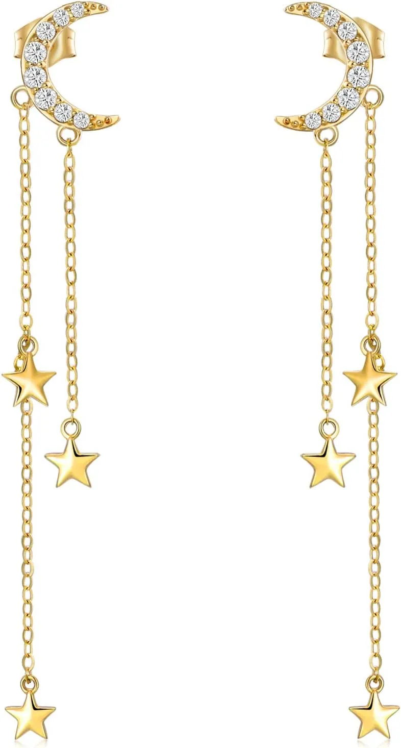 14K Gold Moon and Star Earring Dangle for Women, Real Gold Crescent Moon and Dangling Star Earrings for Women, Solid Gold Moon and Star Earring Studs