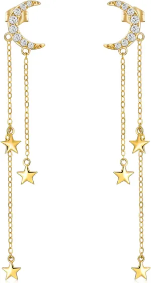 14K Gold Moon and Star Earring Dangle for Women, Real Gold Crescent Moon and Dangling Star Earrings for Women, Solid Gold Moon and Star Earring Studs