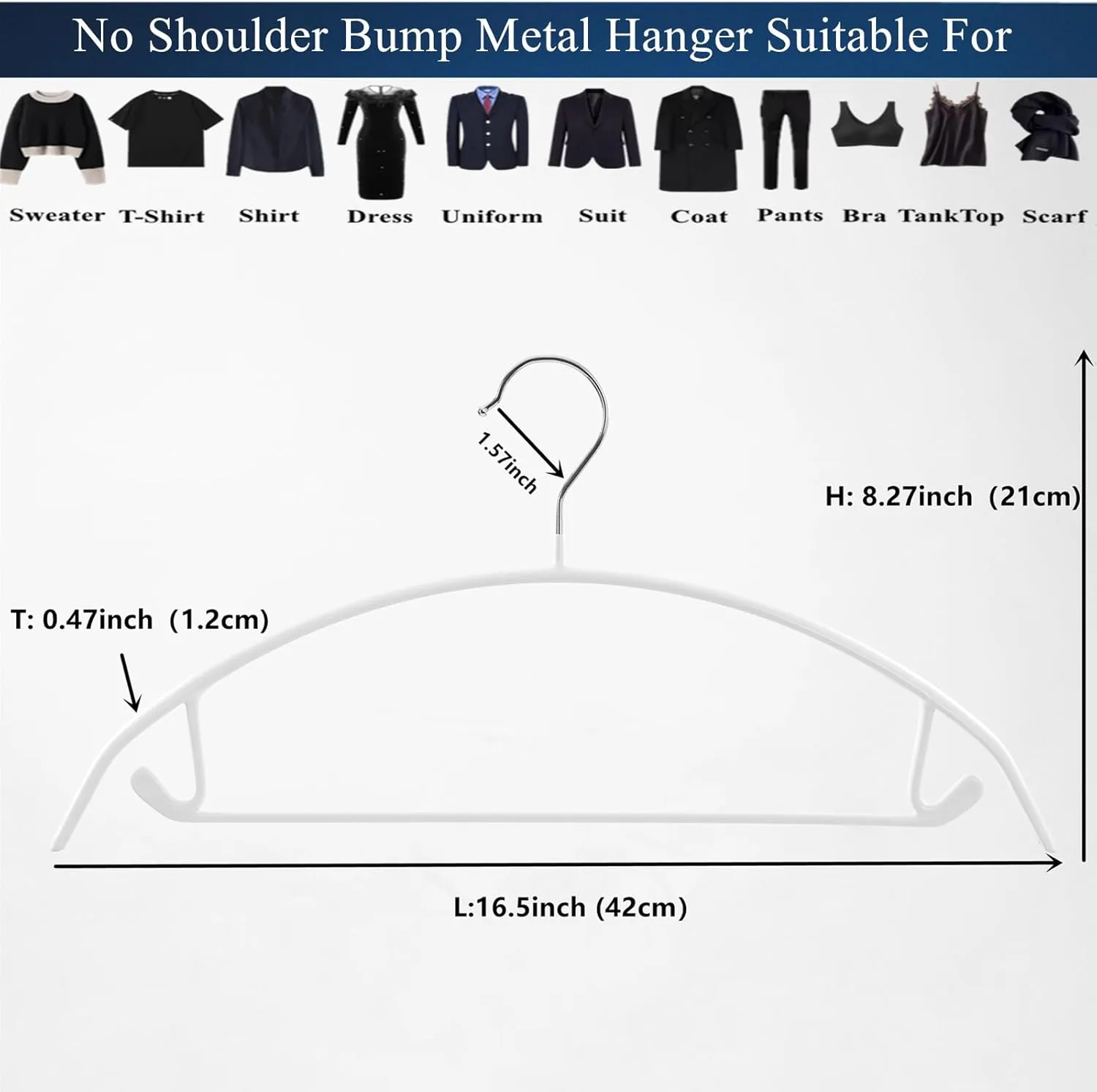 16.5 Inch Pack of 20 White No Shoulder Bumps Non-Slip Rubber Coating Contour Metal Hangers, Sweater Hanger, Suit Hanger with Pants Bar