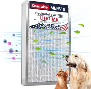16x25x5 Reusable Electrostatic Air Filter, MERV 8 Lifetime Aluminum AC/HVAC Furnace Filter, Honeywell FC100A1029, Lennox X6670, Carrier, Bryant Increases Airflow（Actual Size:15.75"x 24.5"x4.75")