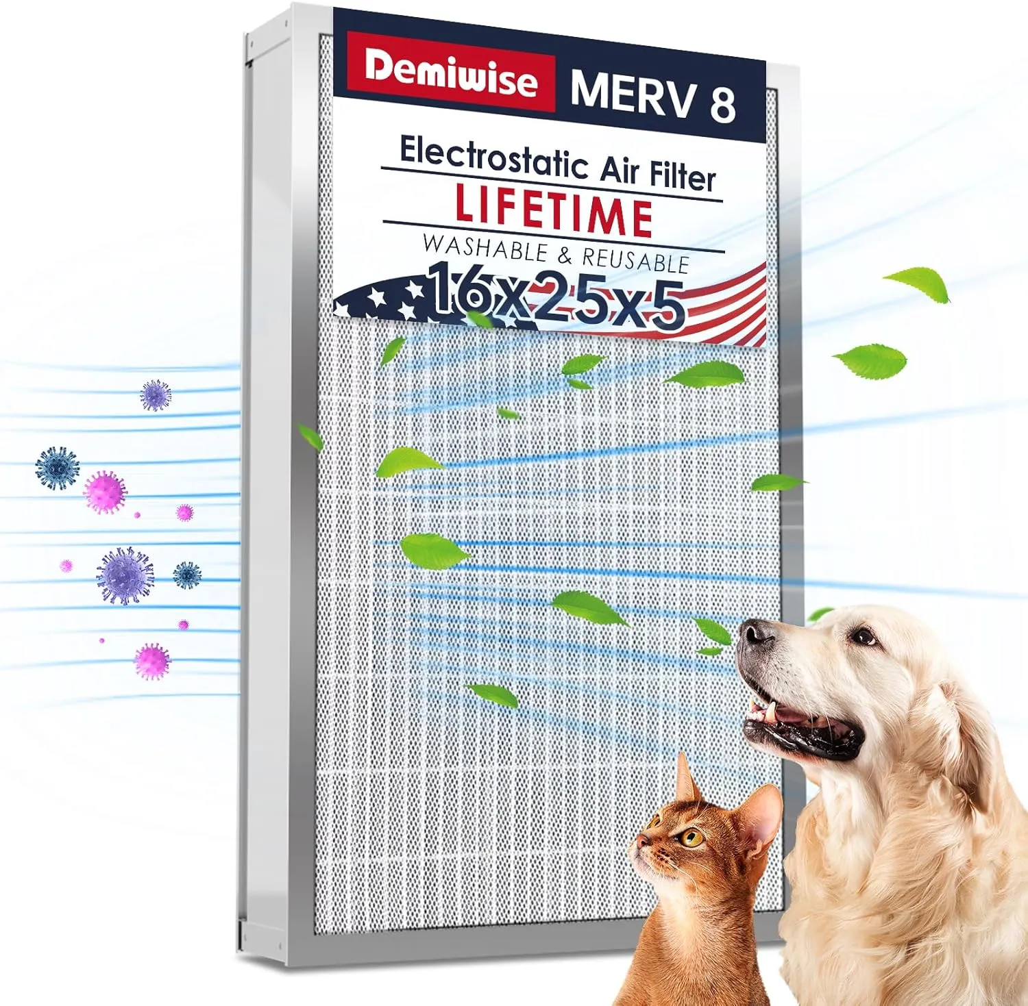 16x25x5 Reusable Electrostatic Air Filter, MERV 8 Lifetime Aluminum AC/HVAC Furnace Filter, Honeywell FC100A1029, Lennox X6670, Carrier, Bryant Increases Airflow（Actual Size:15.75"x 24.5"x4.75")