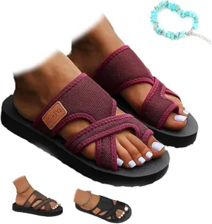 2024women's Hollow Mesh Slide Sandals, Breathable Mesh Slide Sandals for Women, Loop Toe (Burgundy,38)