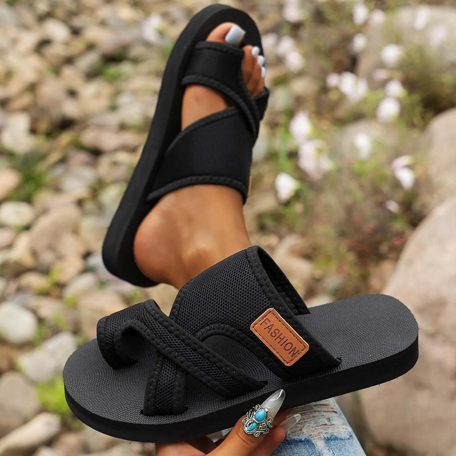 2024Women's Hollow Mesh Slide Sandals,Summer Comfy Non Slip Breathable Flat Loop Toe Shoes,Casual Sandals for Women