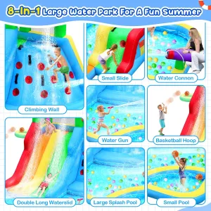 20Ftx14Ft Inflatable Water Slide Bounce House Big Water Slides for Kids with Extra Long Slide Climbing Wall Pool Water Cannon Basketball 680W Blower for Indoor Outdoor Backyard Party