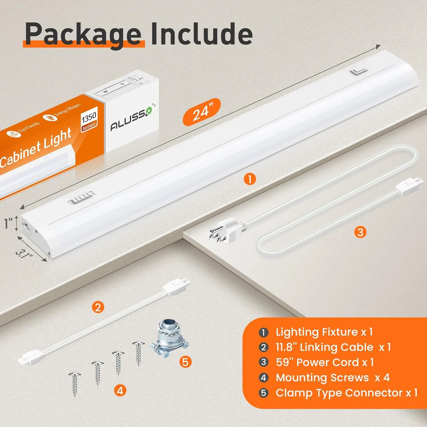 24 Inch LED Under Cabinet Lighting Hardwired Plug in, 5CCT Color Selectable 2700K/3000K/3500K/4000K/5000K Dimmable 15W 1350LM High Brightness, Linkable Under Counter Lights for Kitchen