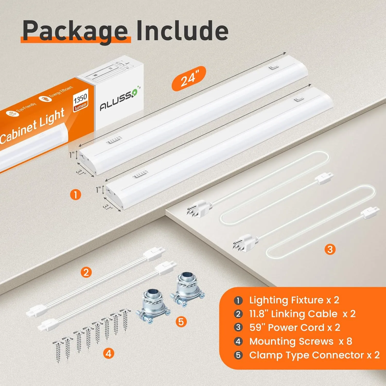 24 Inch LED Under Cabinet Lighting Hardwired Plug in, 5CCT Color Selectable 2700K/3000K/3500K/4000K/5000K Dimmable, Linkable 15W 1350LM Under Counter Lights for Kitchen, 2 Pack