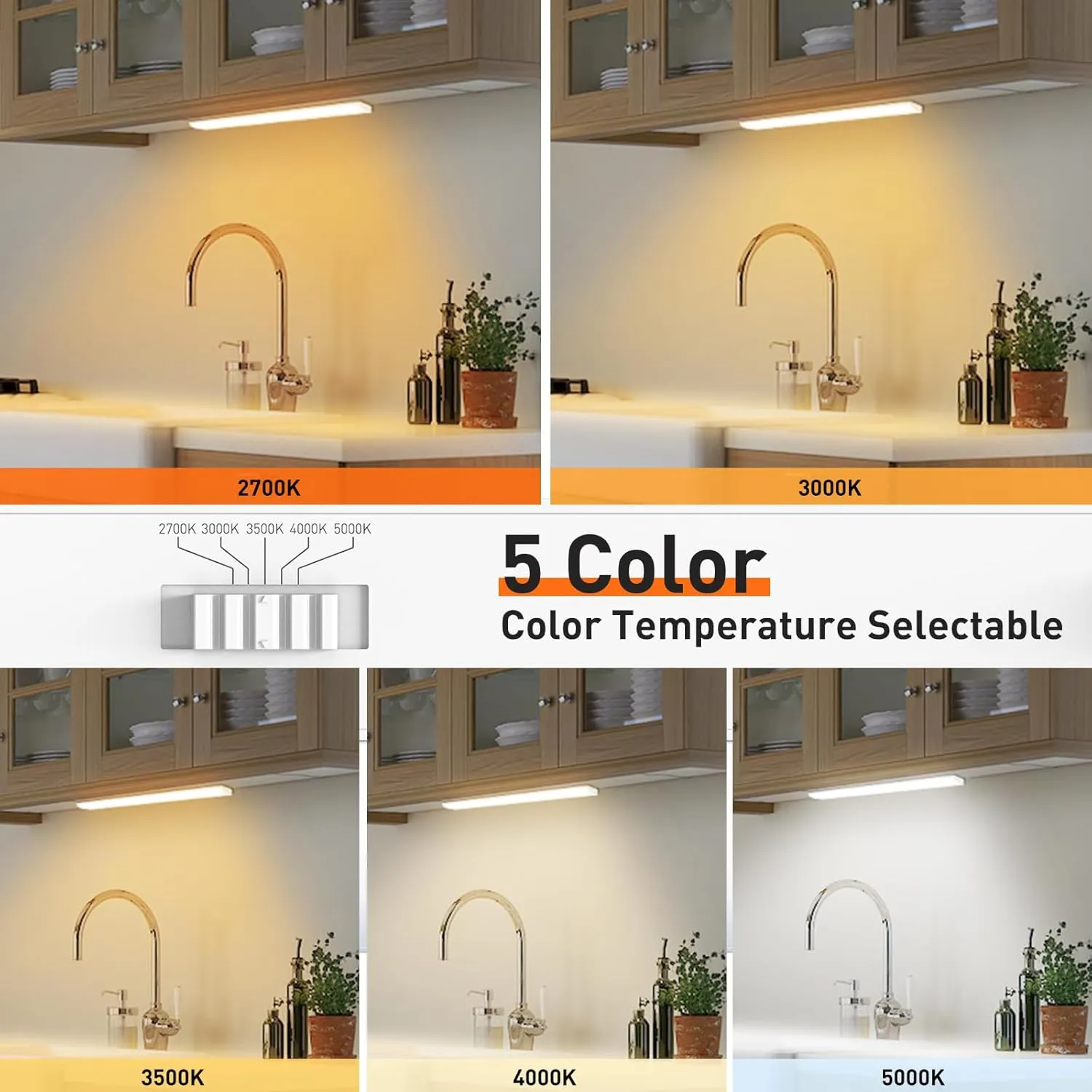 24 Inch LED Under Cabinet Lighting Hardwired Plug in, 5CCT Color Selectable 2700K/3000K/3500K/4000K/5000K Dimmable, Linkable 15W 1350LM Under Counter Lights for Kitchen, 2 Pack