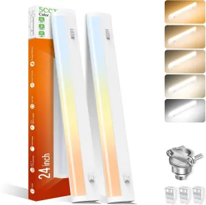 24 Inch LED Under Cabinet Lighting Hardwired Plug in, 5CCT Color Selectable 2700K/3000K/3500K/4000K/5000K Dimmable, Linkable 15W 1350LM Under Counter Lights for Kitchen, 2 Pack