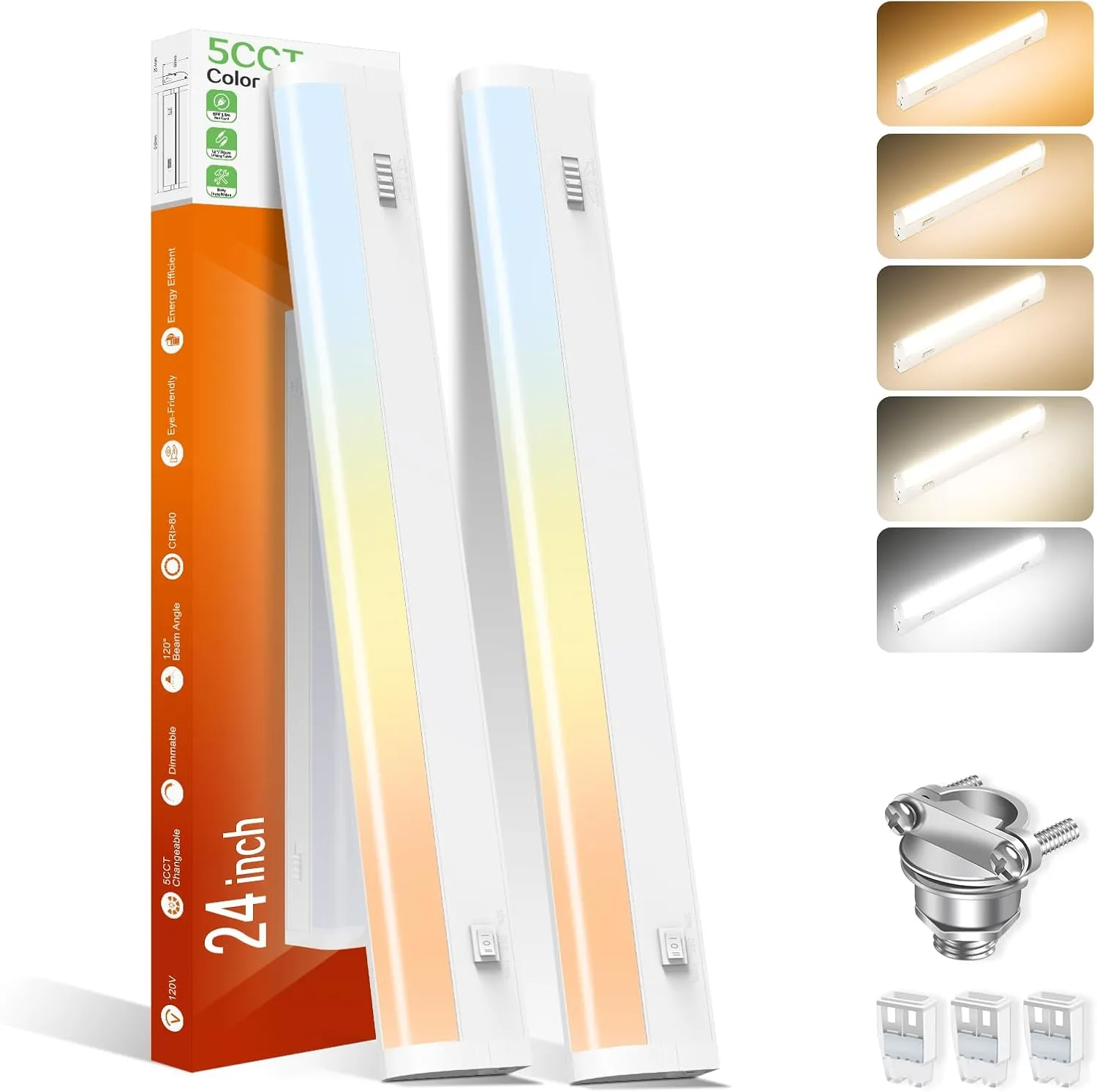 24 Inch LED Under Cabinet Lighting Hardwired Plug in, 5CCT Color Selectable 2700K/3000K/3500K/4000K/5000K Dimmable, Linkable 15W 1350LM Under Counter Lights for Kitchen, 2 Pack