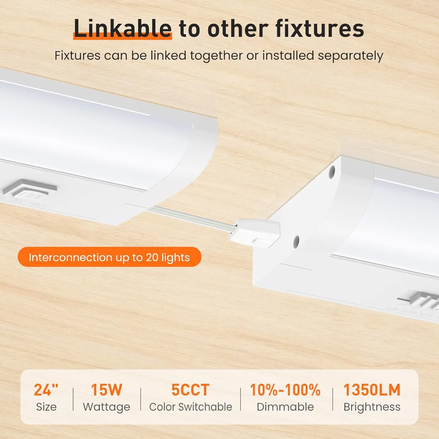 24 Inch LED Under Cabinet Lighting Hardwired Plug in, 5CCT Color Selectable 2700K/3000K/3500K/4000K/5000K Dimmable, Linkable 15W 1350LM Under Counter Lights for Kitchen, 2 Pack