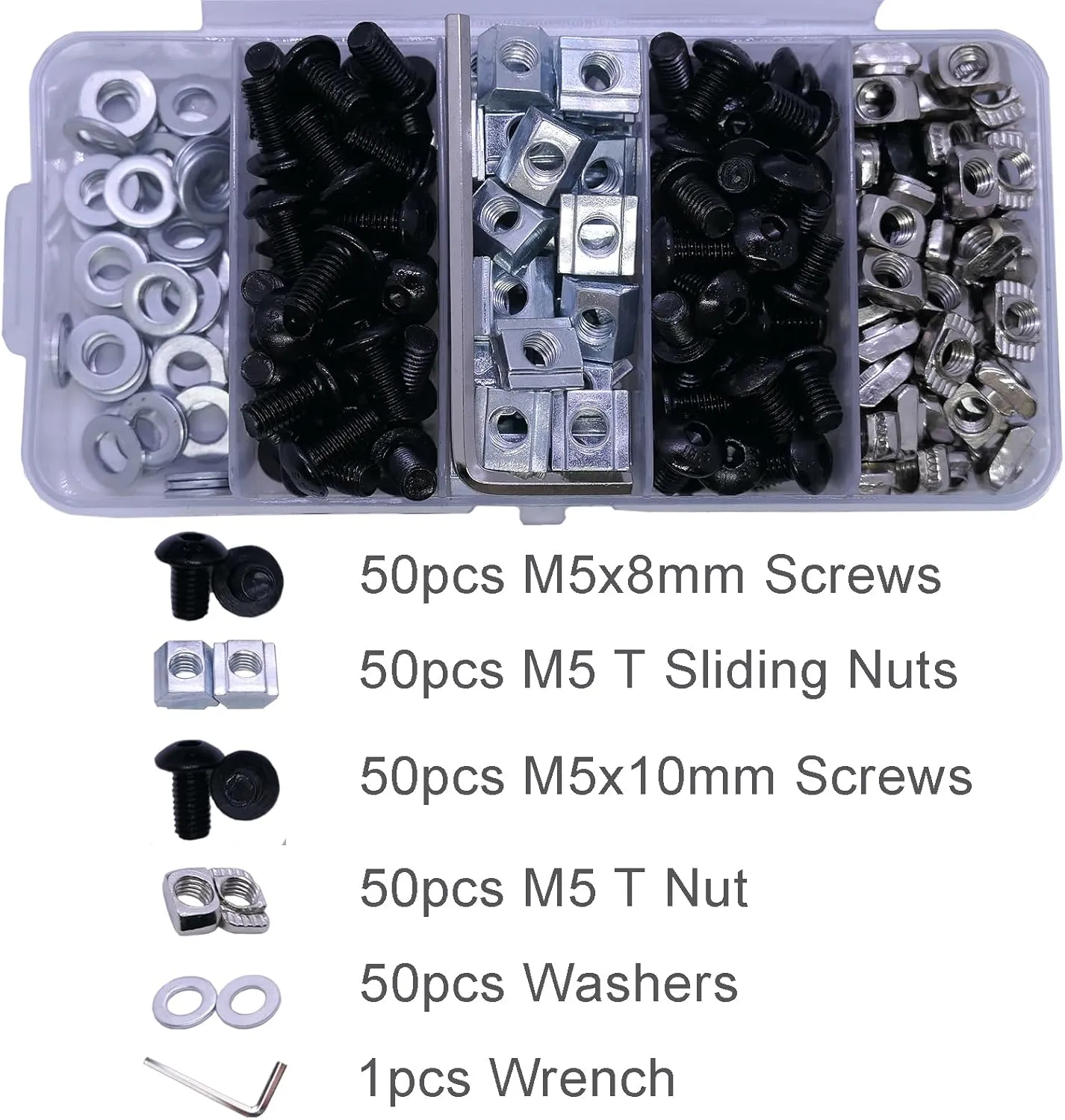 251Pcs M5 T Nuts Screws Assortment Kit for 2020 Series Aluminum Extrusion, 50Pcs M5 Slide in T Nut, M5 T Nuts, 50Pcs M5 x 8mm Screws, 50Pcs M5 x 10mm Screws, 50Pcs Washers and 1Pcs Wrench (Black Kits)