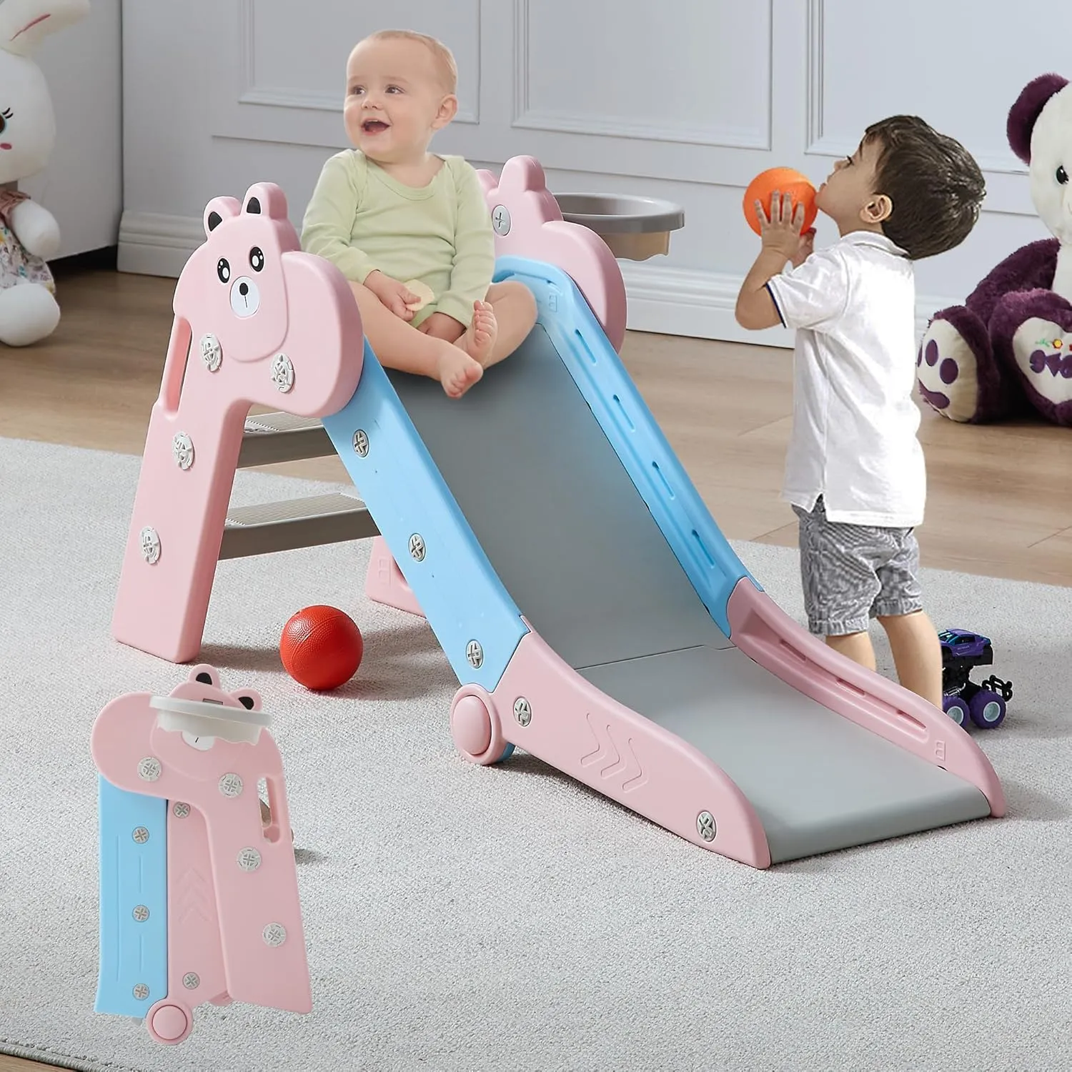 3 in 1 Toddler Slide, Baby Slide Climber Playset with Basketball Hoop and Ball, Indoor and Outdoor Playground for Kids