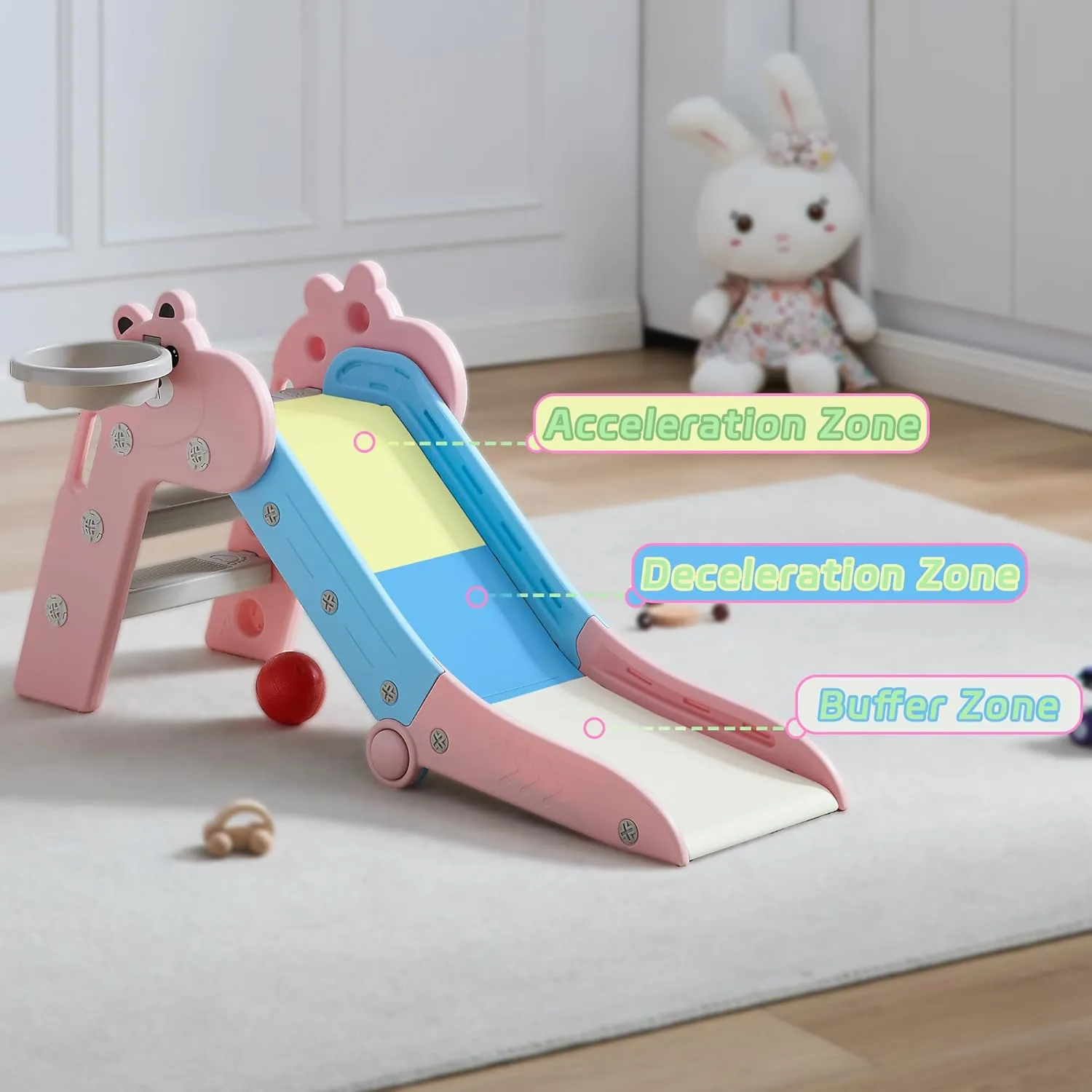 3 in 1 Toddler Slide, Baby Slide Climber Playset with Basketball Hoop and Ball, Indoor and Outdoor Playground for Kids