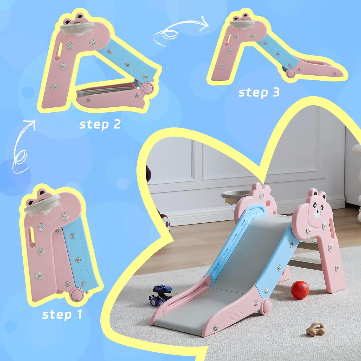 3 in 1 Toddler Slide, Baby Slide Climber Playset with Basketball Hoop and Ball, Indoor and Outdoor Playground for Kids