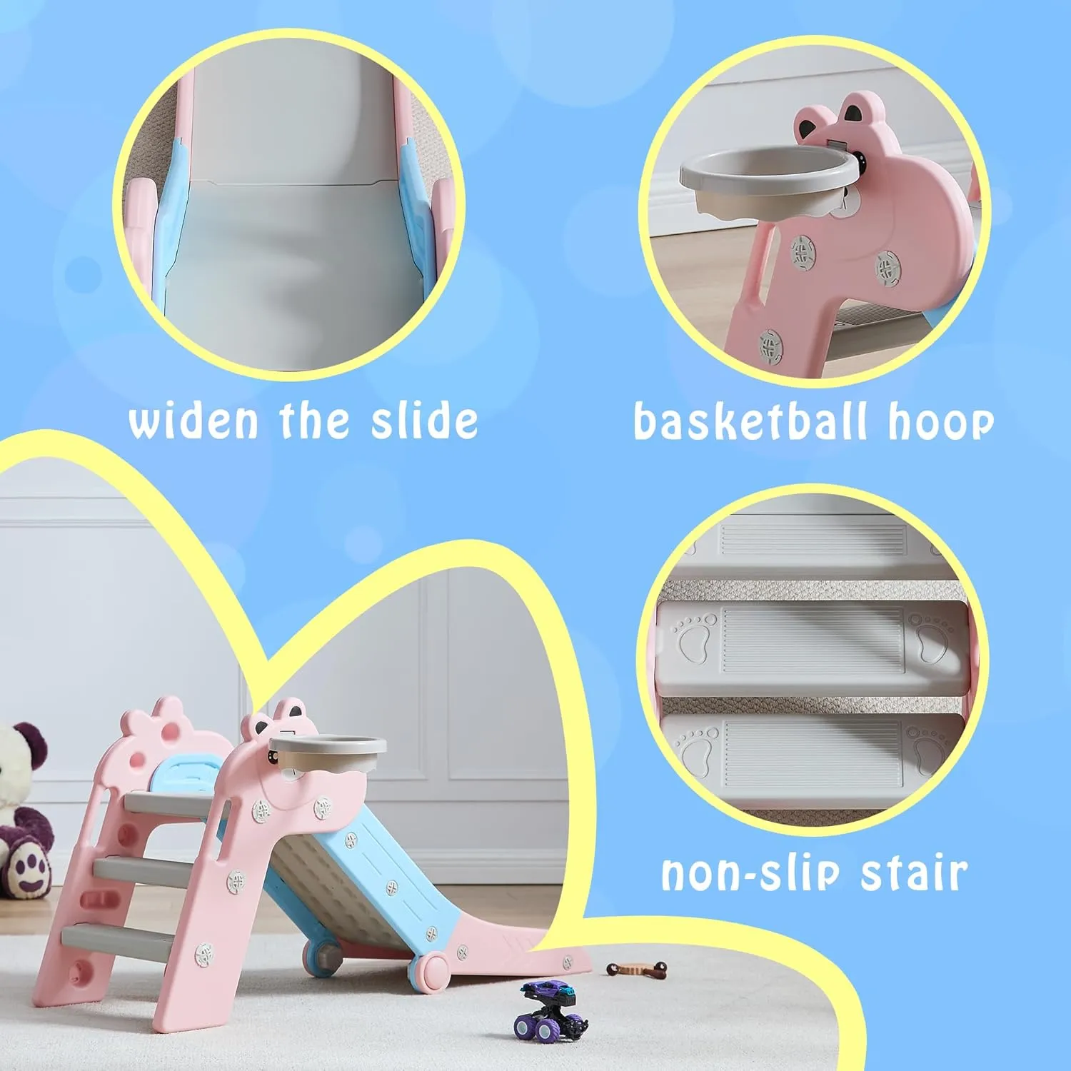 3 in 1 Toddler Slide, Baby Slide Climber Playset with Basketball Hoop and Ball, Indoor and Outdoor Playground for Kids