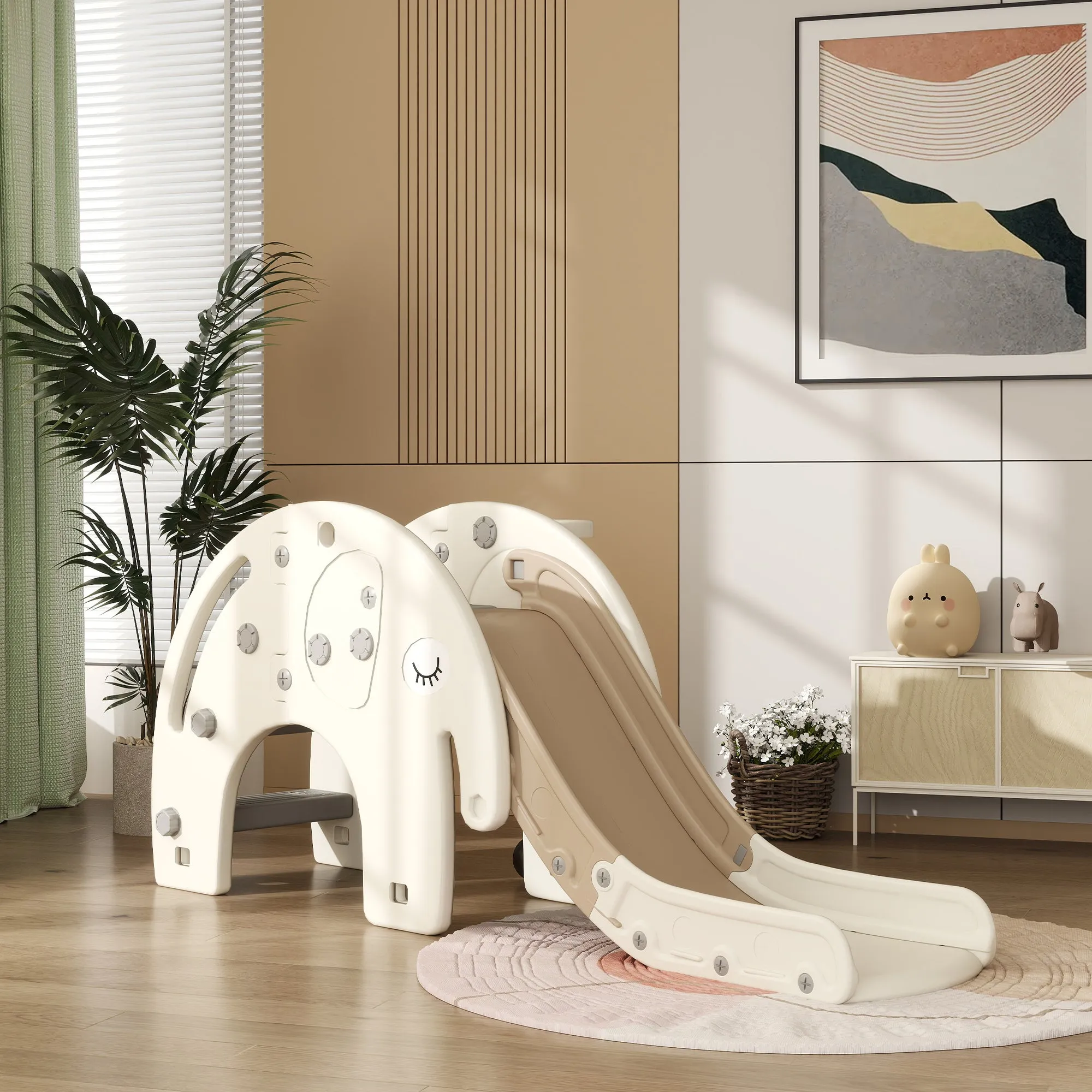 3 in 1 Toddler Slide with Basketball Hoop, Climber, for 1-3 Years Old, Elephant-themed