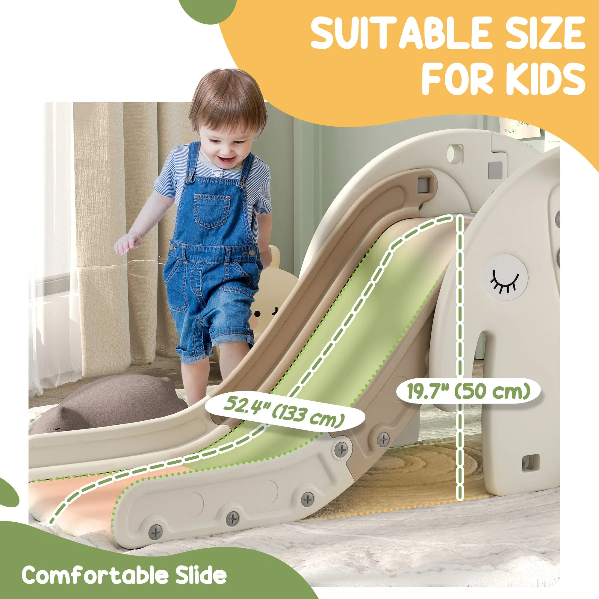 3 in 1 Toddler Slide with Basketball Hoop, Climber, for 1-3 Years Old, Elephant-themed