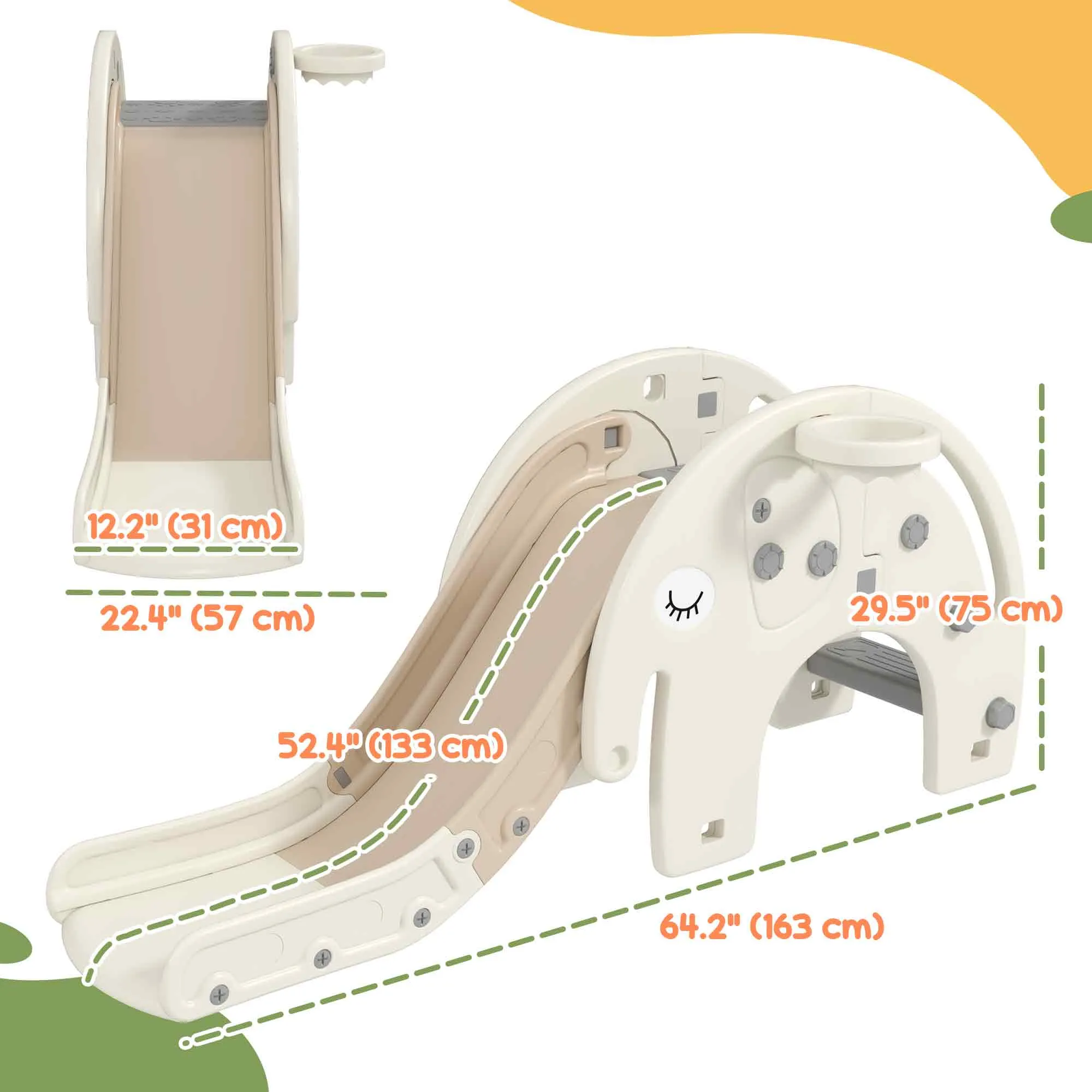 3 in 1 Toddler Slide with Basketball Hoop, Climber, for 1-3 Years Old, Elephant-themed