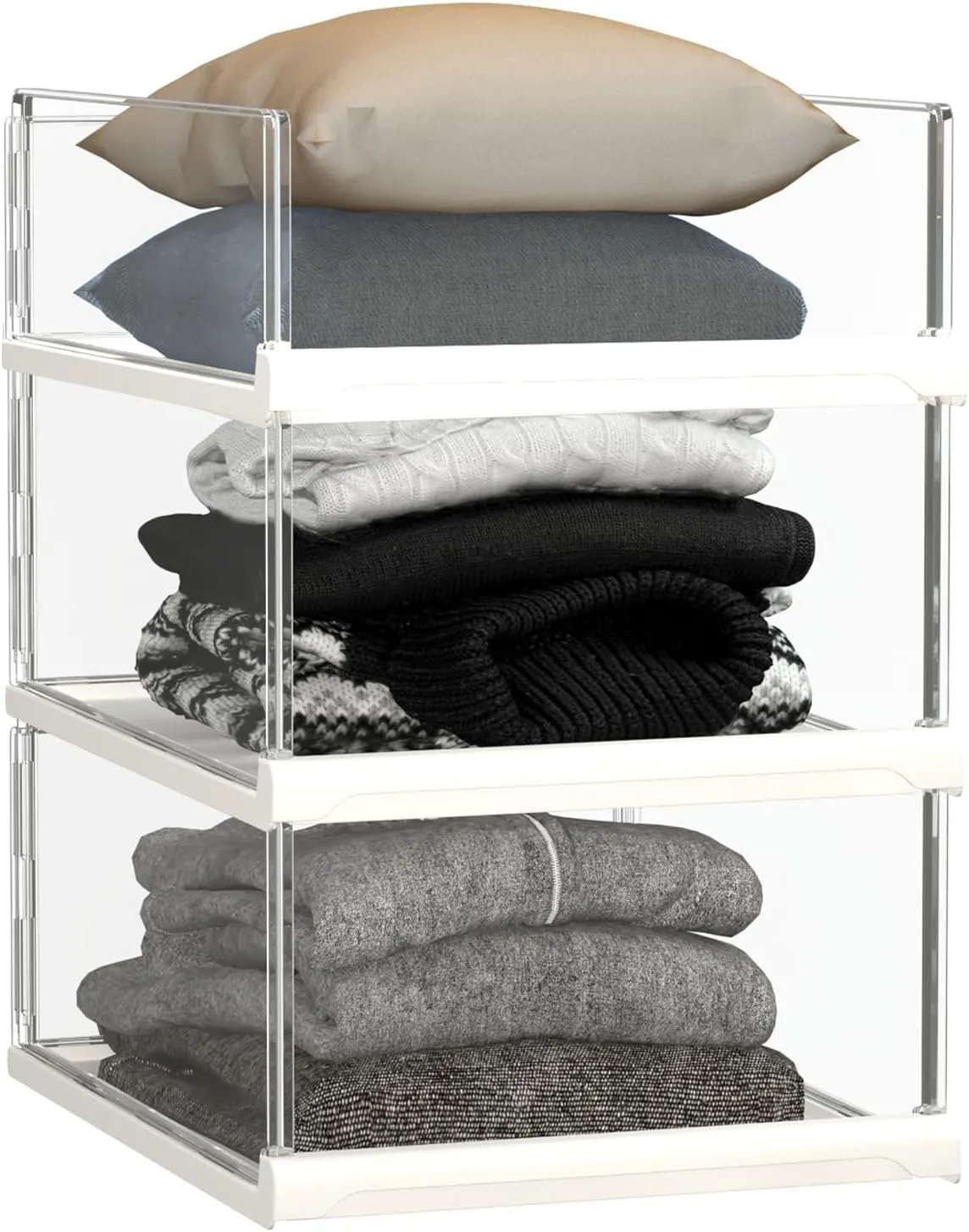 3 Pack Stackable Closet Organizers and Storage Shelves - Transparent Sweater Organizer for Closet, Bathroom, Kitchen, Cupboard, Laundry Room, and Office