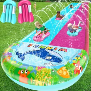 33FT Slip Lawn Water Slide for Kids Adults, Extra-Long Double Lanes Heavy Duty Slides N Side Fences, Giant Water Slide with Splash Pool, 2 Bodyboards with Handles, Slip Backyard Summer Water Play Toy