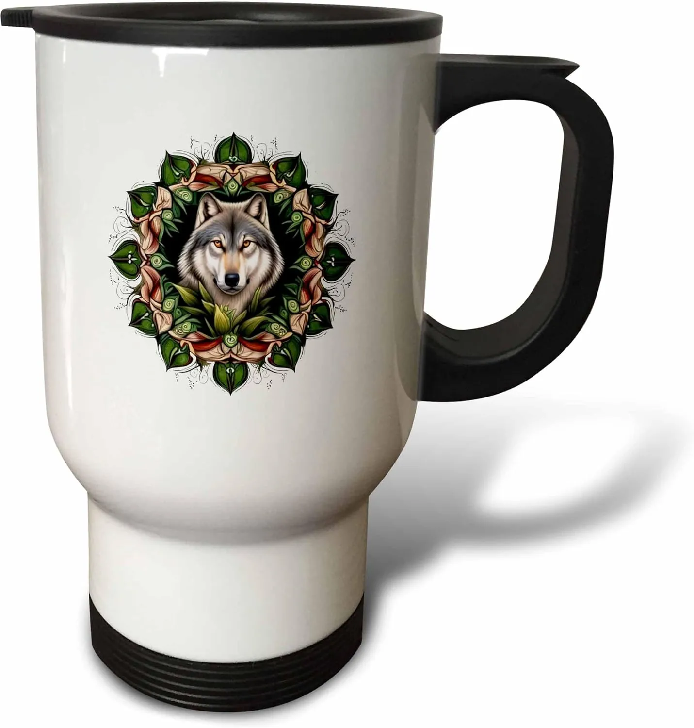 3dRose A Timber Wolf Surrounded By Ladys Slipper Minnesota State Tattoo... - Travel Mugs (tm-384060-1)