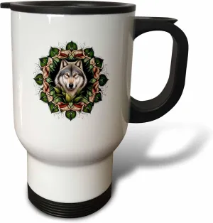 3dRose A Timber Wolf Surrounded By Ladys Slipper Minnesota State Tattoo... - Travel Mugs (tm-384060-1)