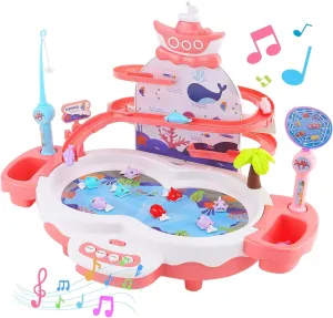 3in1 Fishing Game Toys for Kids with 34PCS Accessories Including Fishing Rod, Small Fish, Track, etc., STEM Toys with Music and Stories for Preschool Learning (Pink)