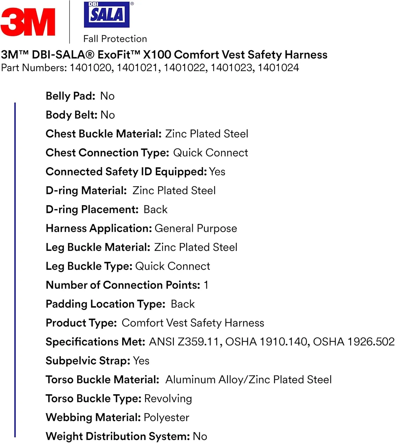 3M DBI-SALA ExoFit X100 Comfort Vest Safety Harness Fall Protection, OSHA, ANSI, General Purpose, 1 D-Ring Connection, Quick Connect Leg and Chest Buckles, Zinc Plated Steel, 1401021, Medium
