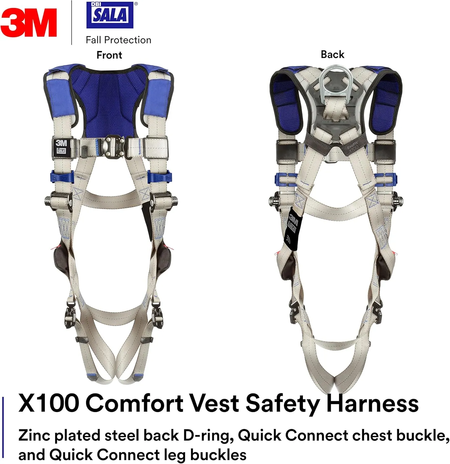 3M DBI-SALA ExoFit X100 Comfort Vest Safety Harness Fall Protection, OSHA, ANSI, General Purpose, 1 D-Ring Connection, Quick Connect Leg and Chest Buckles, Zinc Plated Steel, 1401021, Medium