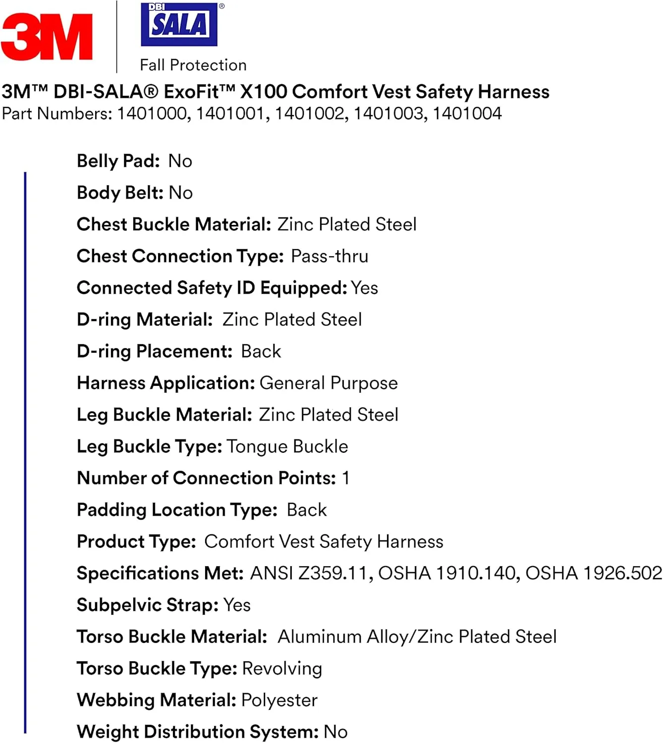 3M DBI-SALA ExoFit X100 Comfort Vest Safety Harness Fall Protection, OSHA, ANSI, General Purpose, 1 D-Ring, Tongue Buckle Leg Strap, Pass-through Chest Buckle, Zinc Plated Steel, 1401000, Small