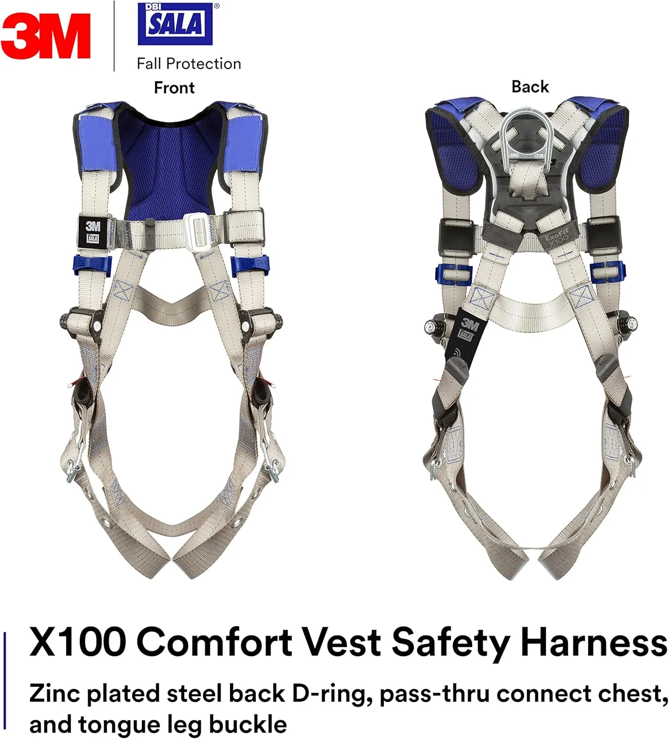 3M DBI-SALA ExoFit X100 Comfort Vest Safety Harness Fall Protection, OSHA, ANSI, General Purpose, 1 D-Ring, Tongue Buckle Leg Strap, Pass-through Chest Buckle, Zinc Plated Steel, 1401000, Small