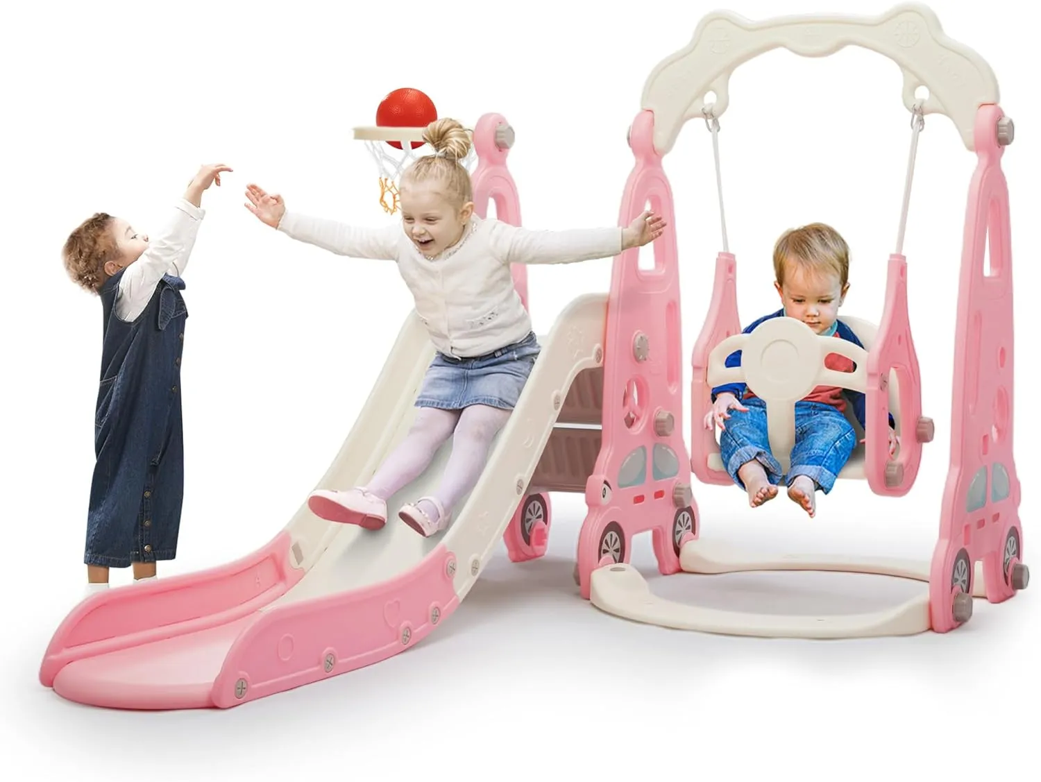 4 in 1 Slide Climber Swing Set, Freestanding Toddler Slide Climber Playset with Basketball Hoop, Toddler Playground Indoor Outdoor, Easy Setup (Pink)