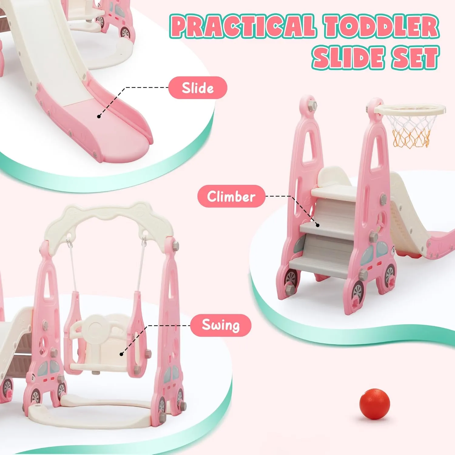 4 in 1 Slide Climber Swing Set, Freestanding Toddler Slide Climber Playset with Basketball Hoop, Toddler Playground Indoor Outdoor, Easy Setup (Pink)