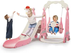 4 in 1 Slide Climber Swing Set, Freestanding Toddler Slide Climber Playset with Basketball Hoop, Toddler Playground Indoor Outdoor, Easy Setup (Pink)
