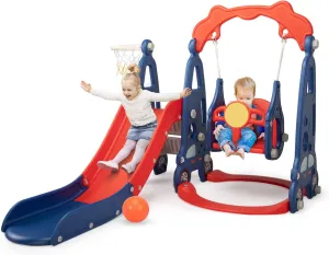 4 in 1 Slide Climber Swing Set, Freestanding Toddler Slide Climber Playset with Basketball Hoop, Toddler Playground Indoor Outdoor, Easy Setup (Red)