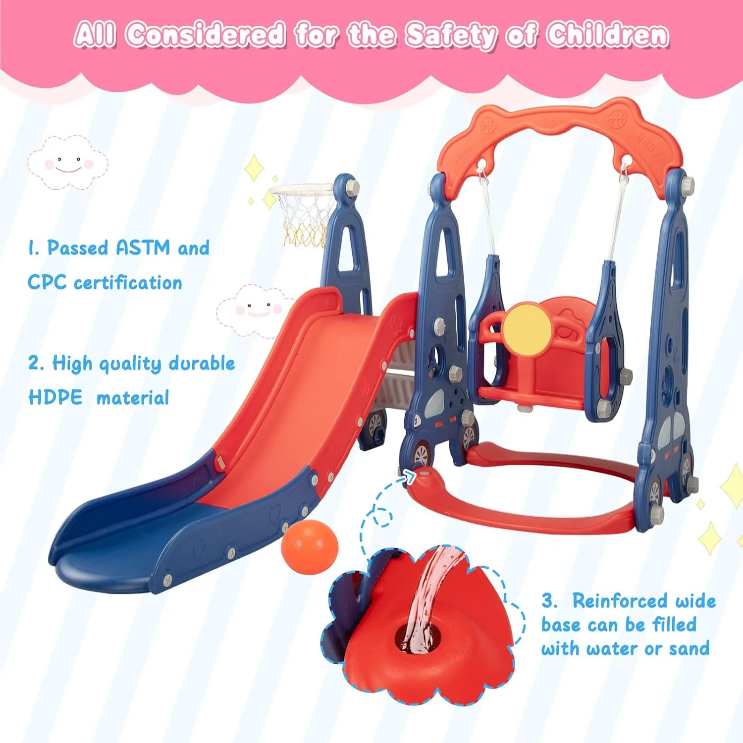 4 in 1 Slide Climber Swing Set, Freestanding Toddler Slide Climber Playset with Basketball Hoop, Toddler Playground Indoor Outdoor, Easy Setup (Red)